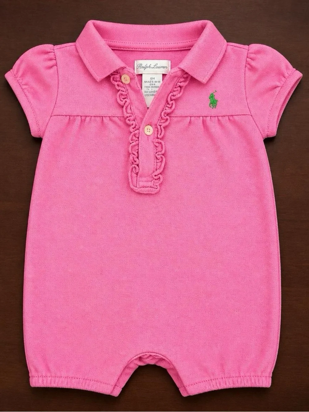 Ralph Lauren Pink Polo Romper with Green Pony Embroidery